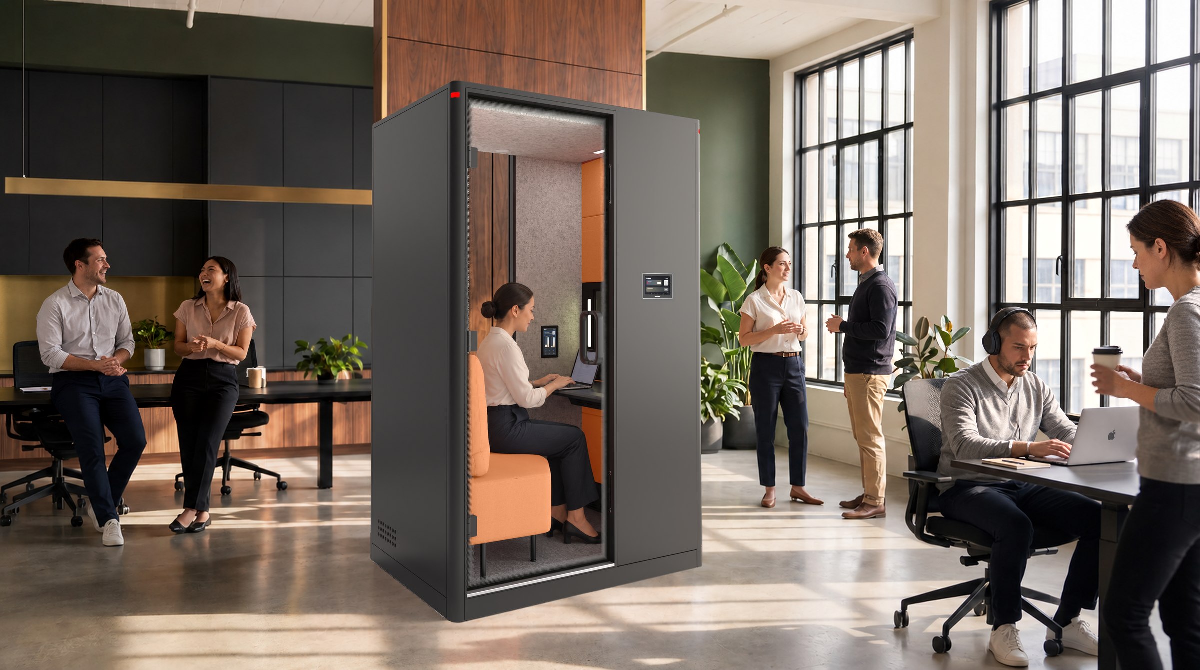A Calma For U pod in a bright open-plan office, one person on a call inside while the floor moves around them