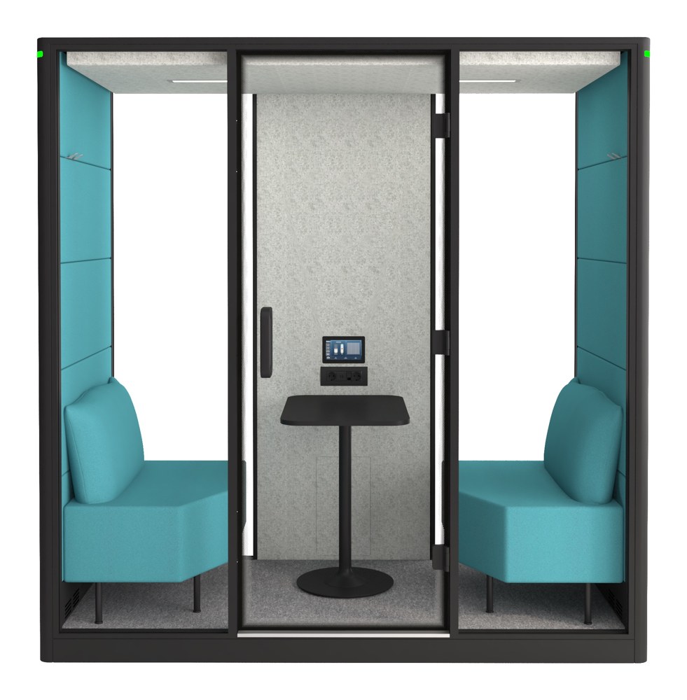 Calma Medium from the front: the occupancy light on the frame, the touch panel and the Links module on the back wall, the door, the two seats and the table