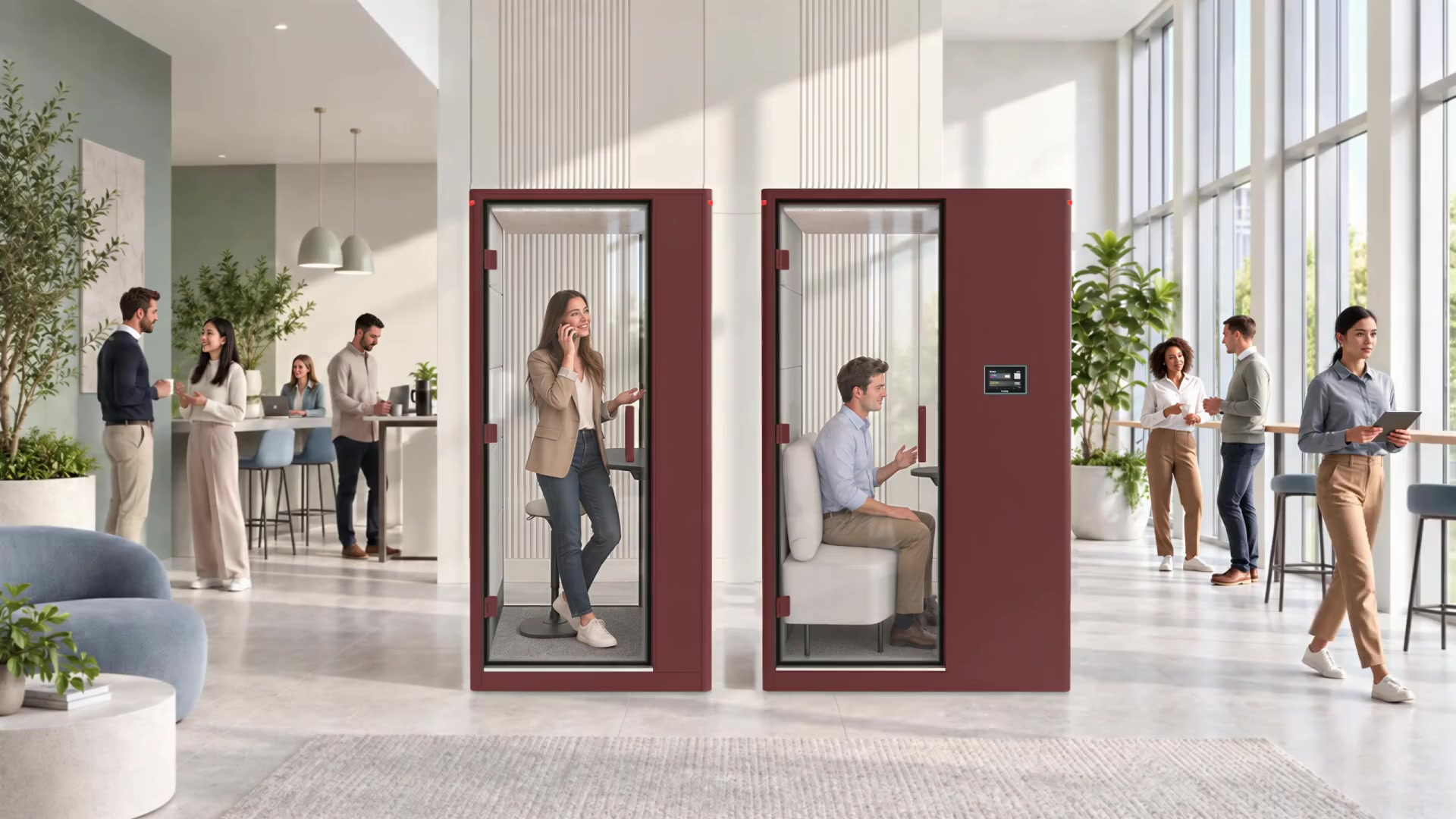 A Calma Small and a Calma For U pod side by side in a bright, plant-filled open office, one person taking a phone call, another seated inside on a call