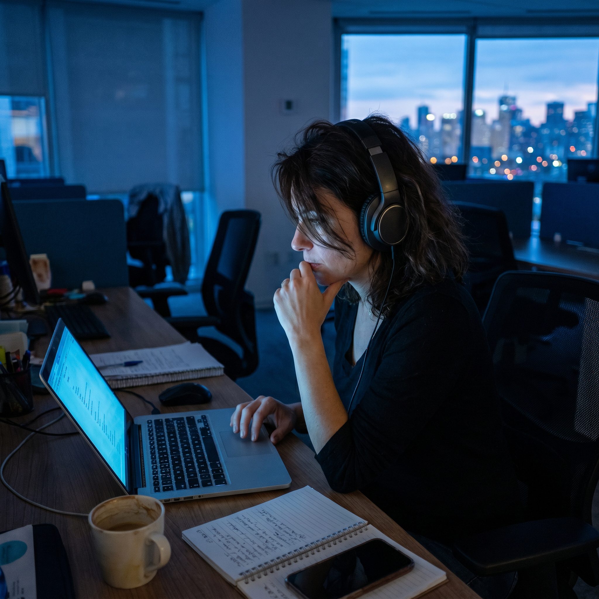 A knowledge worker in a darkening office in the late evening, headphones on, hand at her chin, mid-thought, lit by the cool light of her laptop screen, the city coming on beyond the window
