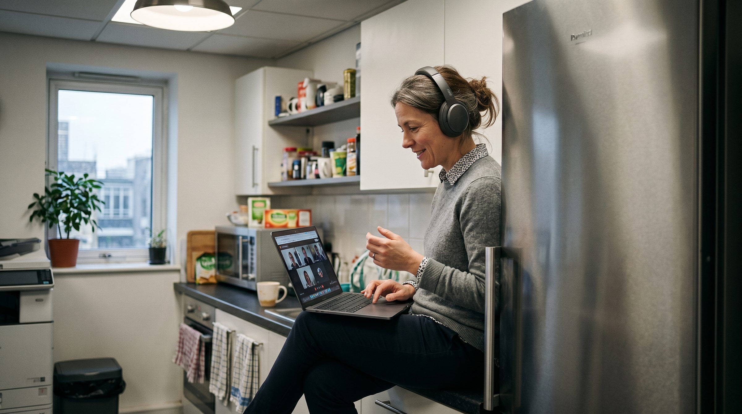A knowledge worker takes a video call from the corner of an office kitchen, headphones on, laptop on her knees, the wrongness of the setting visible around her
