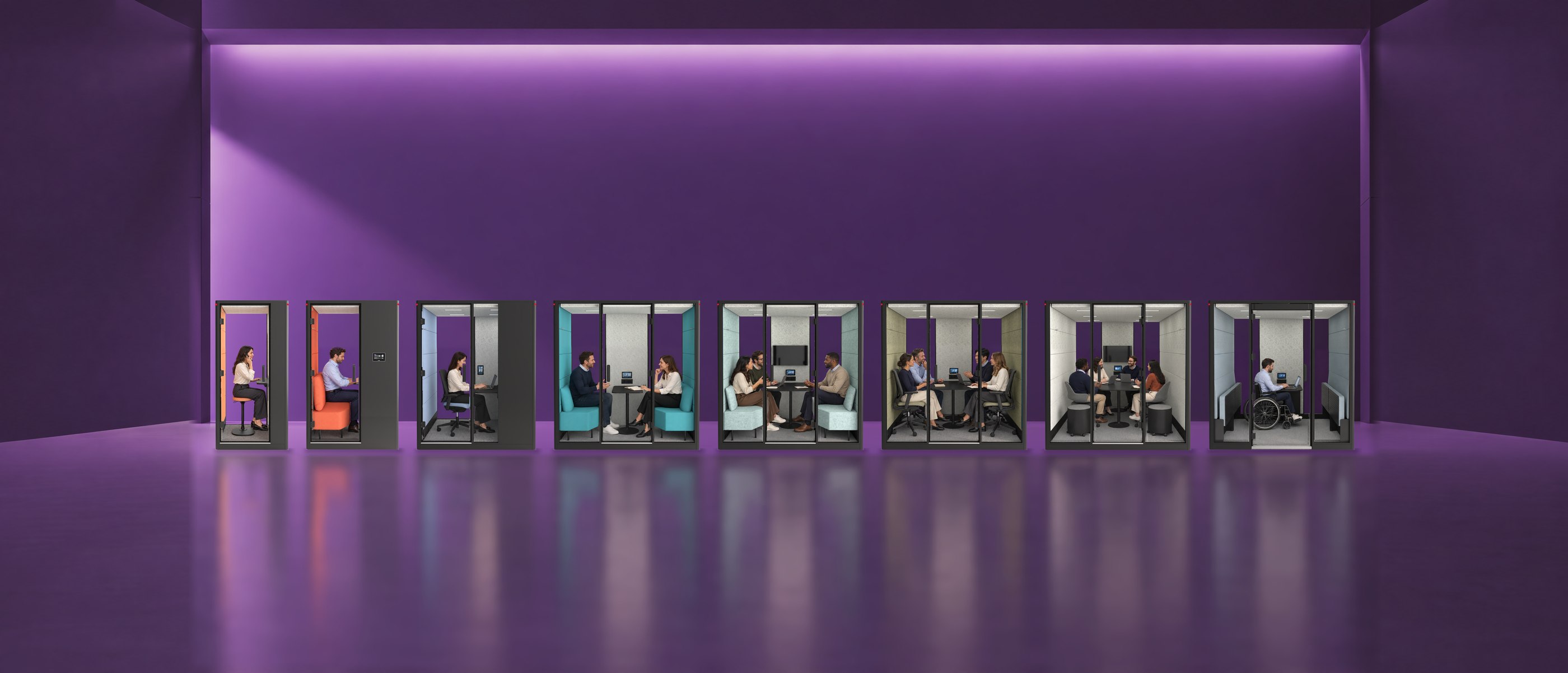 The eight Calma pod models lined up in a purple room