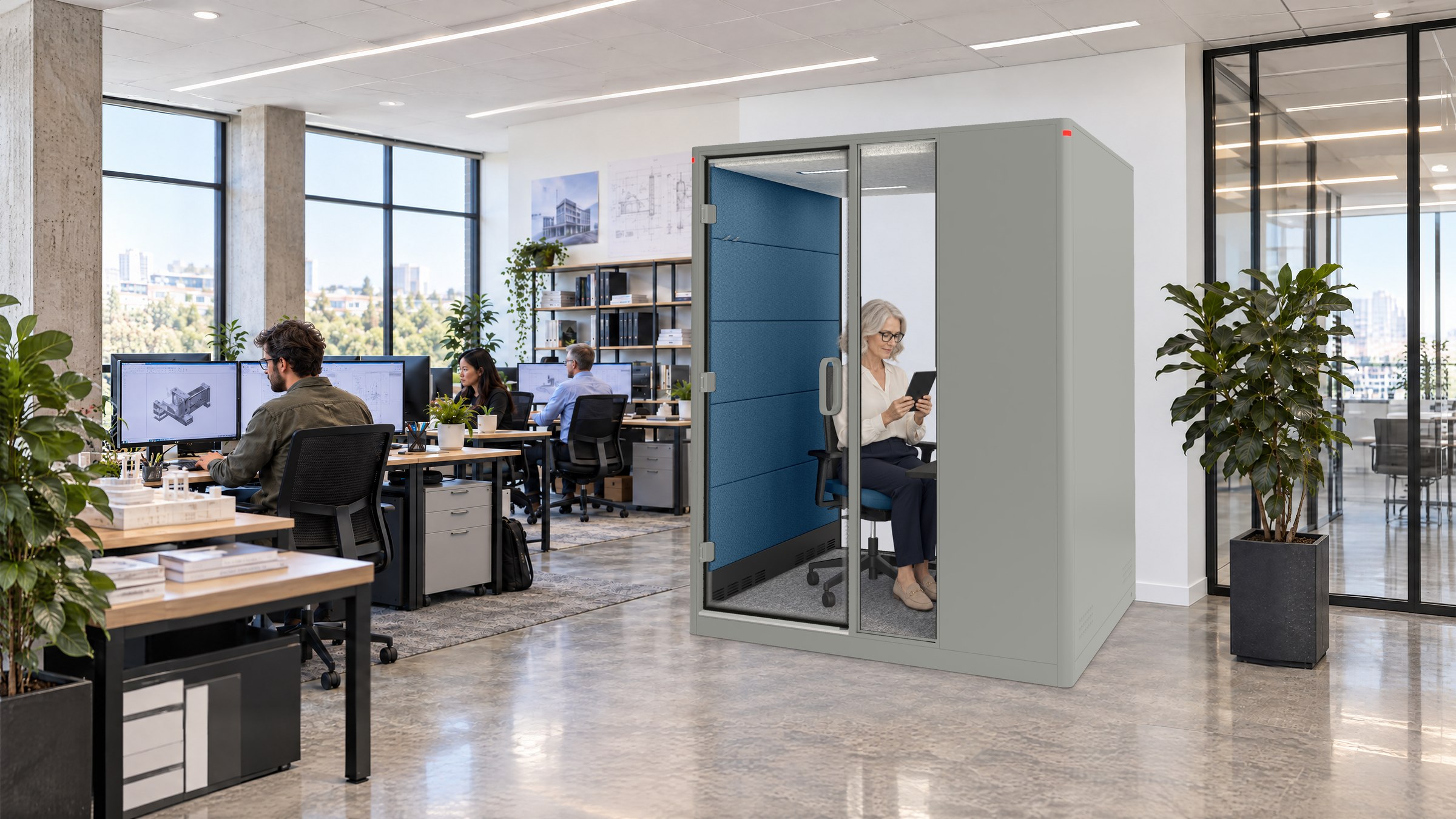 A Calma Focus pod in an engineering office, a grey-haired woman working on a tablet inside, engineers at their screens around it