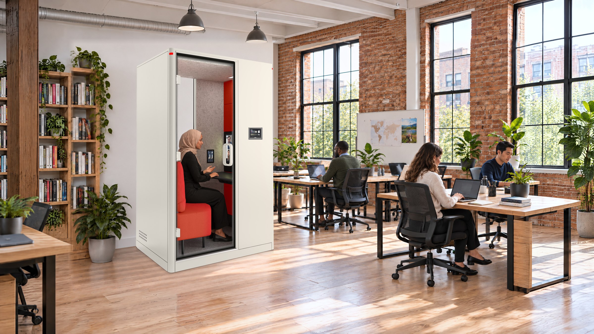A Calma For U pod in a non-profit office, a woman in a headscarf on a video call inside, the team at a long table behind.
