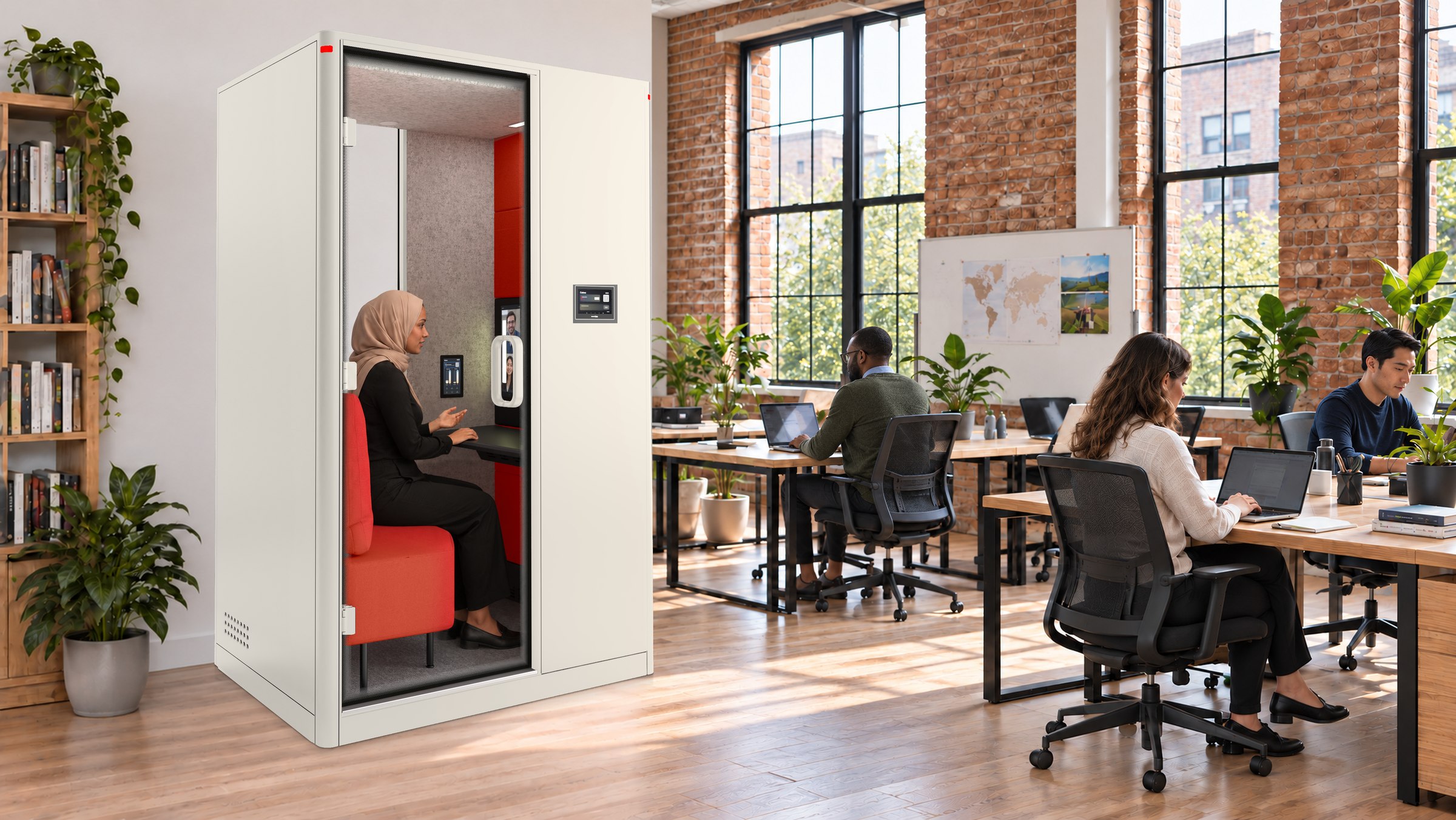 A Calma For U pod in a non-profit office, a woman in a headscarf on a video call inside, the team at a long table behind