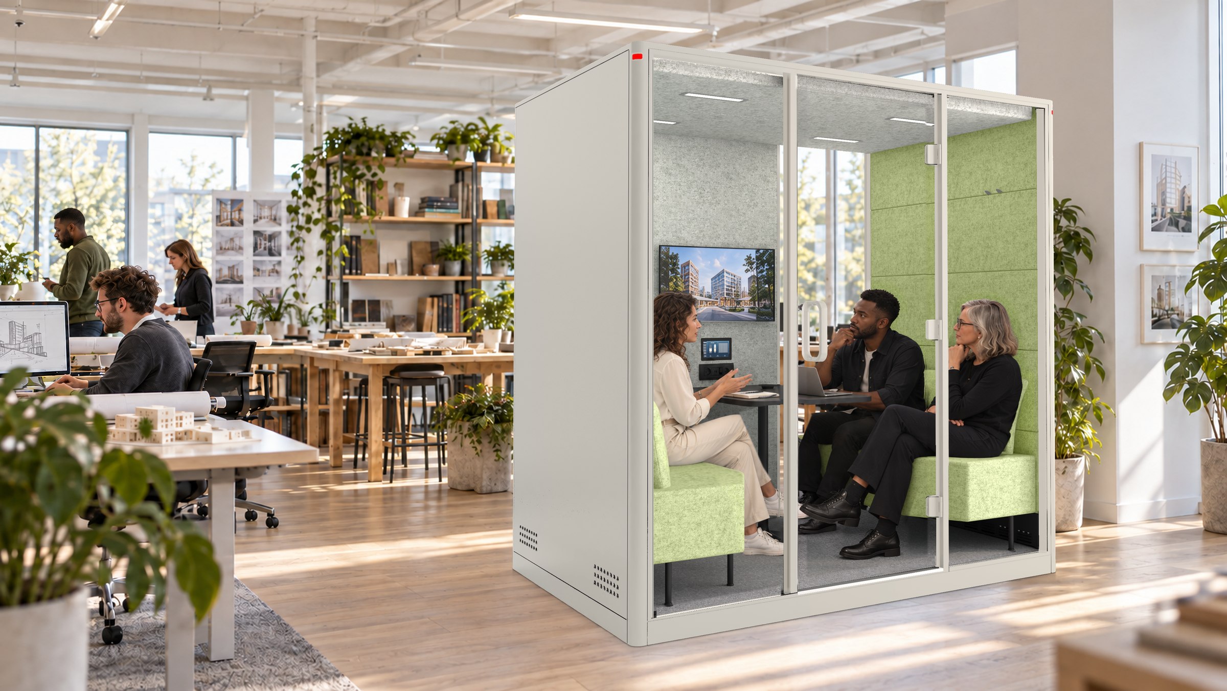 A Calma Large pod with green seats in a design studio, three people in conversation inside, the studio at work behind