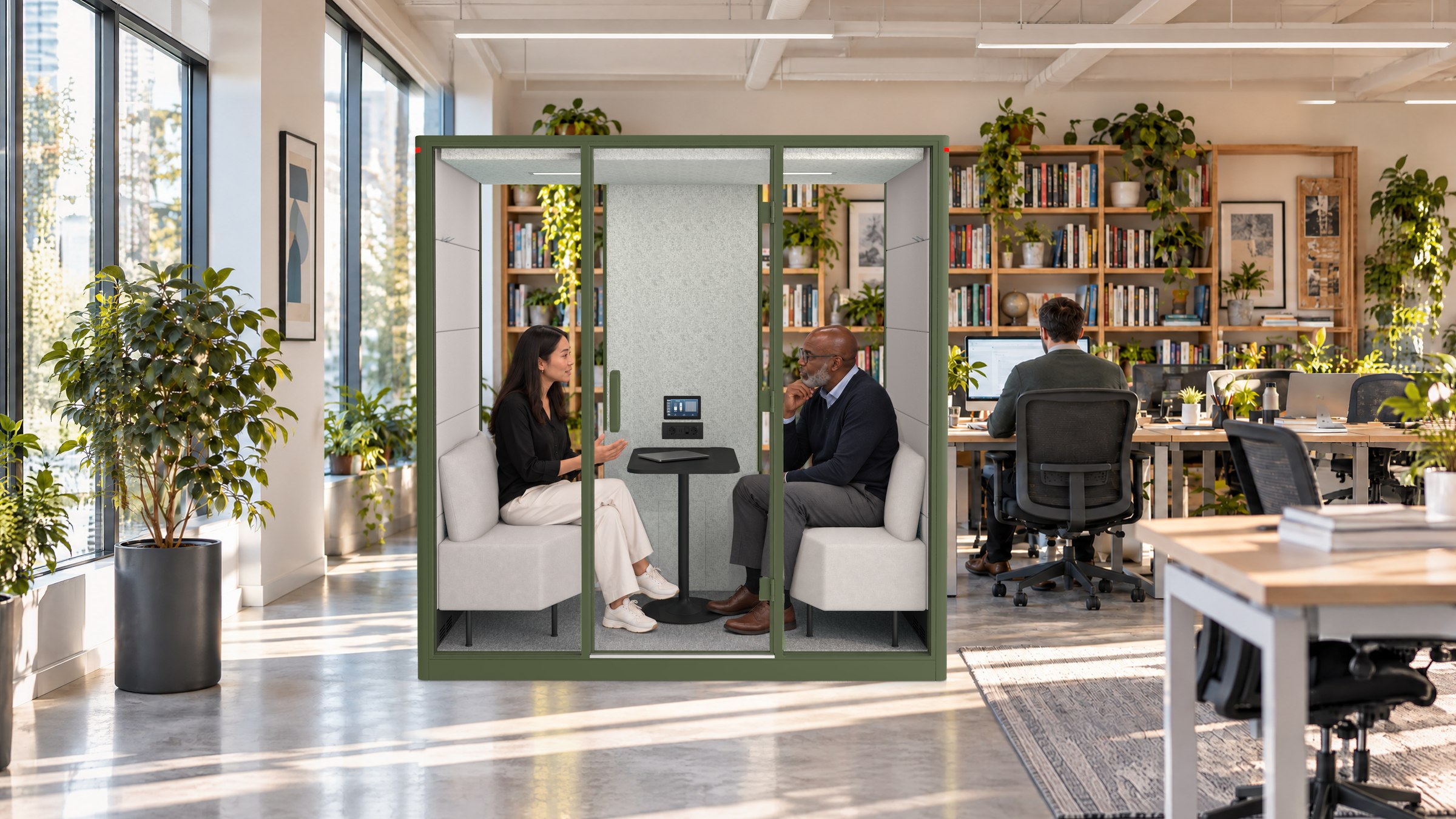 A Calma Medium pod in a learning centre, two people in conversation inside