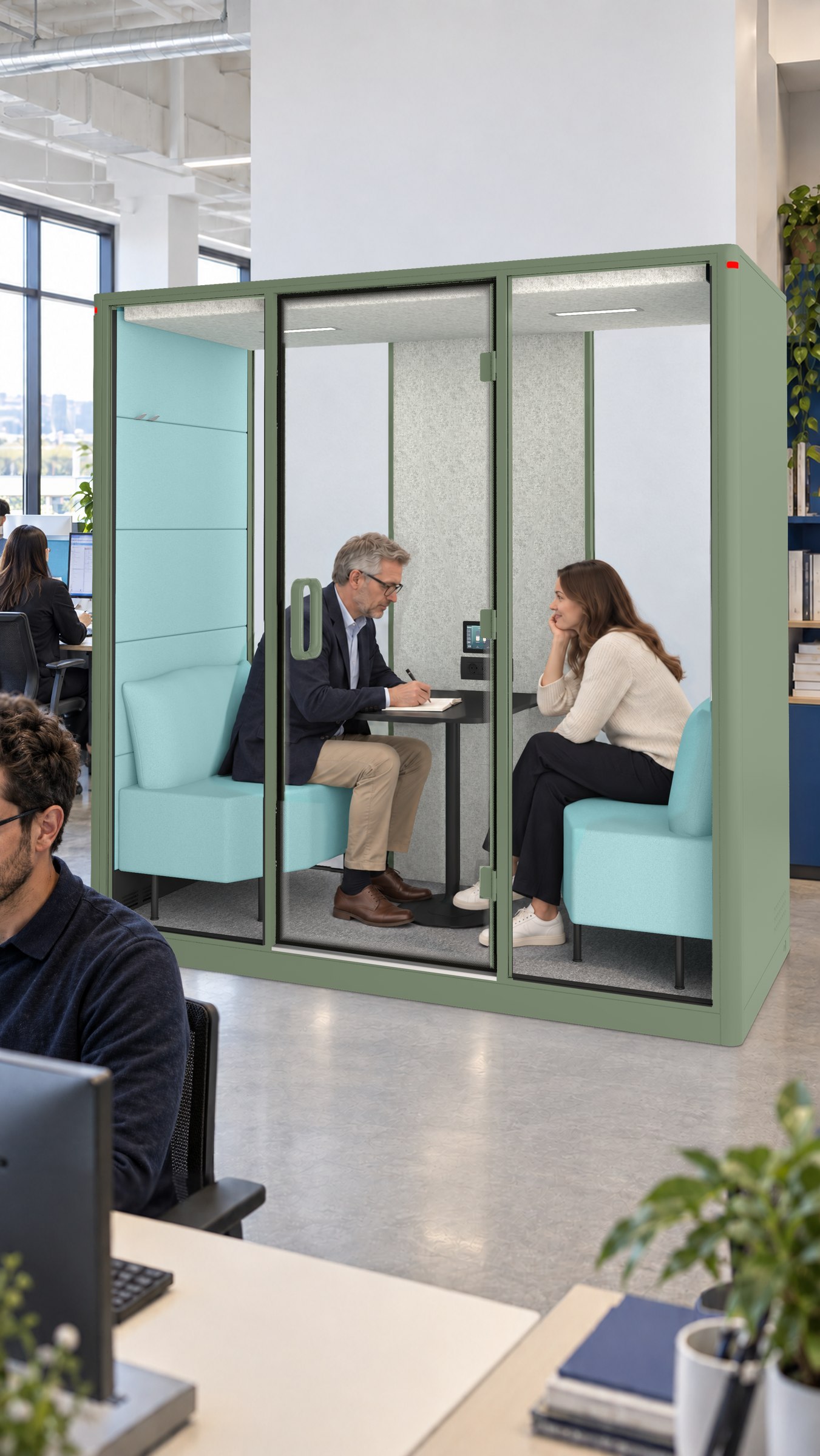 A Calma Medium pod in a logistics company, an older man and a younger woman across the table inside