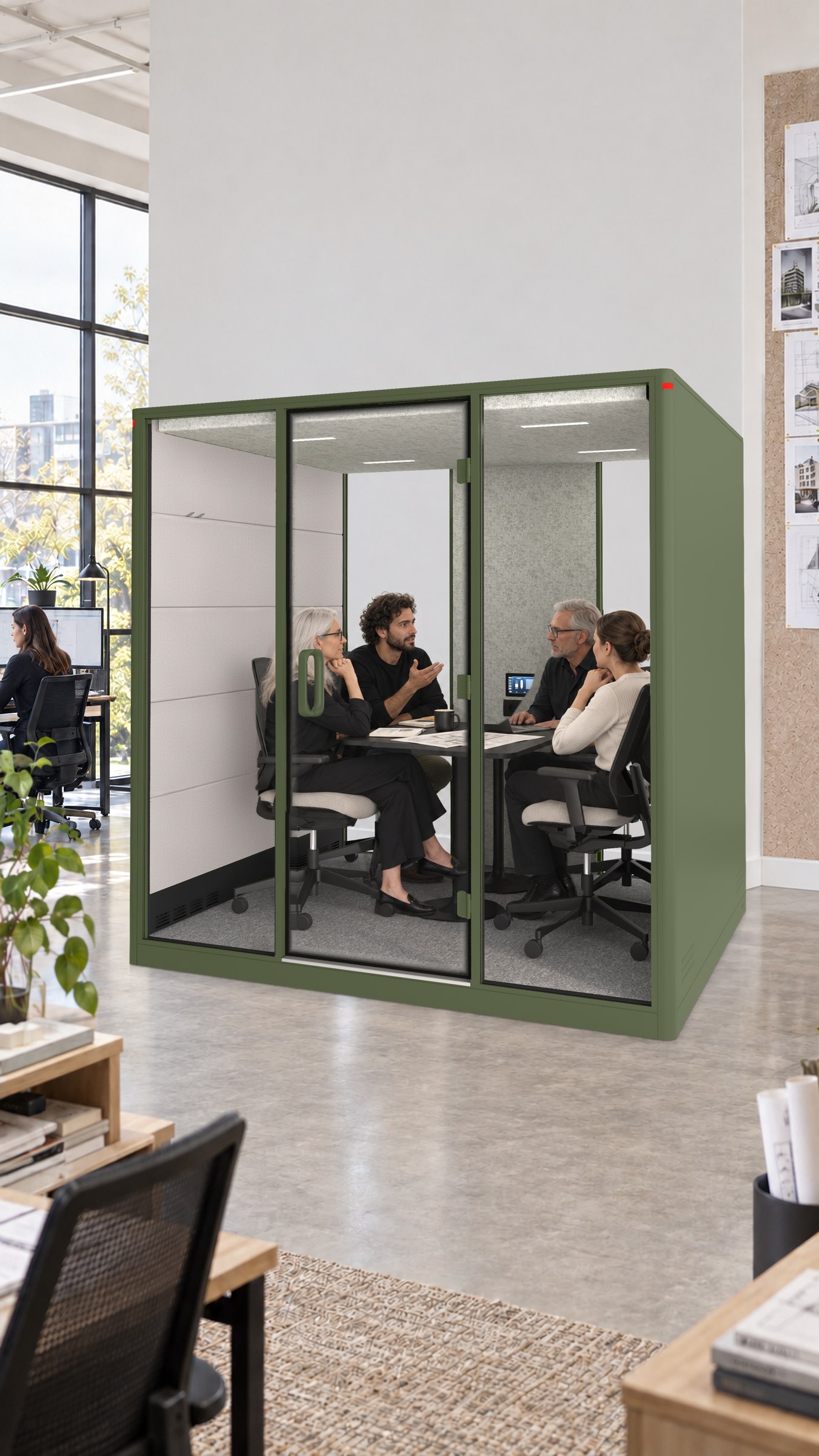 A Calma XLarge pod in an architecture practice, four people around the table inside