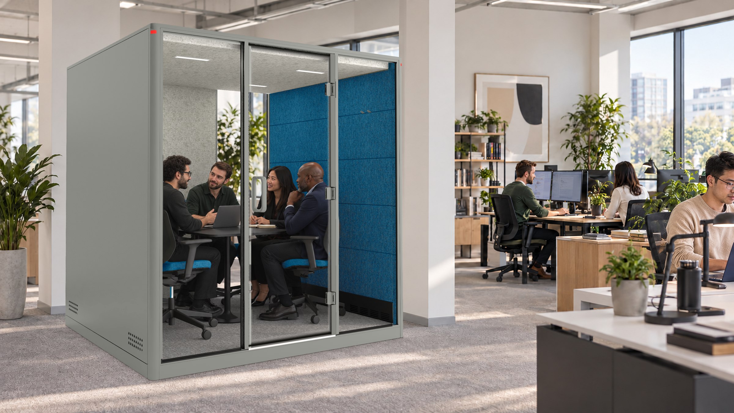 A Calma XLarge pod in a technology company, a team of four around the table inside, the open office behind