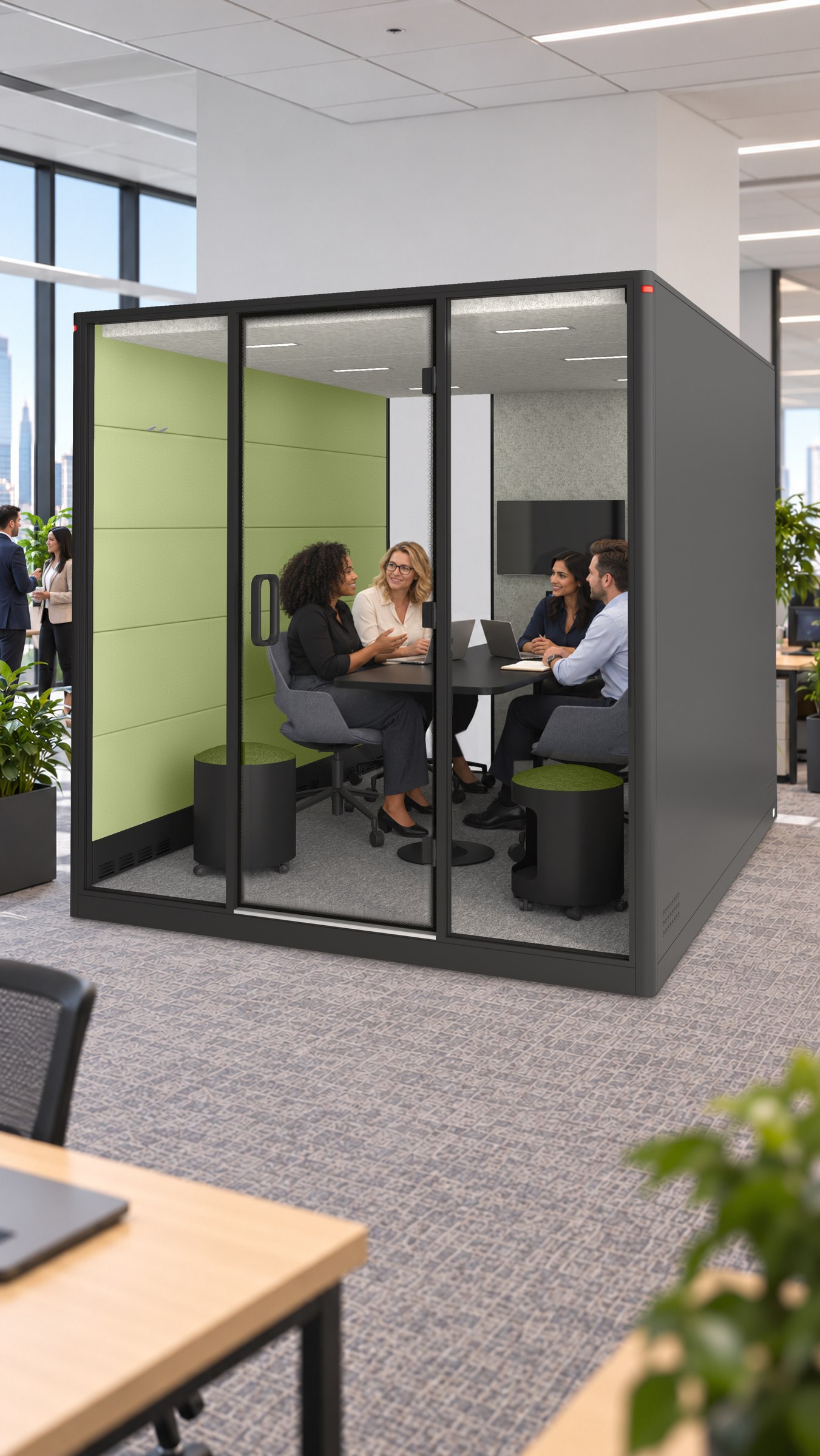 A Calma XXLarge pod, a global team of four around the table inside