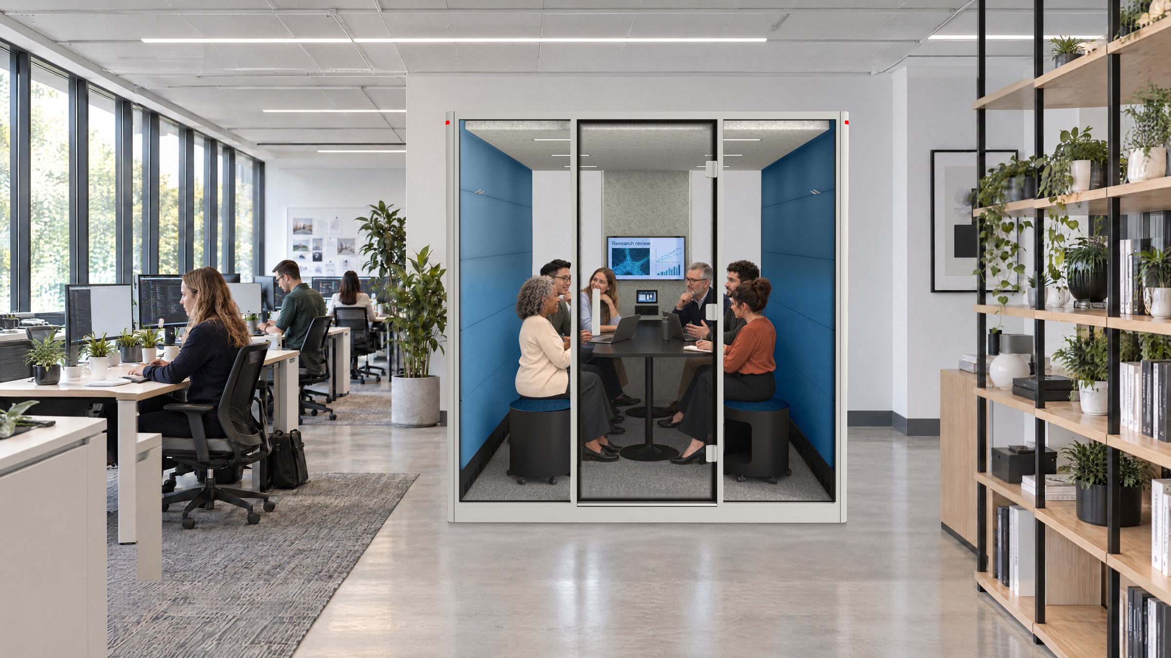 A Calma XXLarge pod in a research institute, a team of six around the table inside, the open office behind