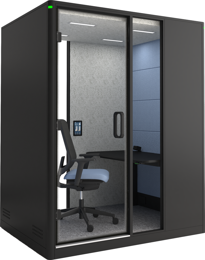 Calma Focus, the one-person pod with a full desk and a task chair