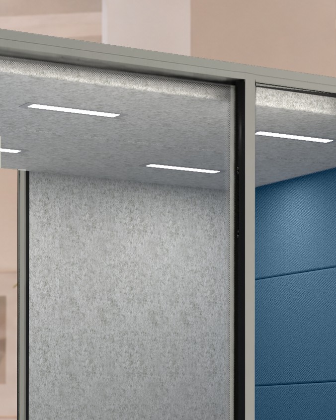 Calma Focus ceiling light bar washing the felt walls, in close-up