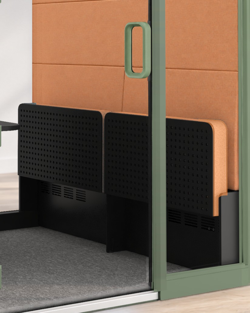 Calma For All interior corner in close-up: felt panel, seat and table edge
