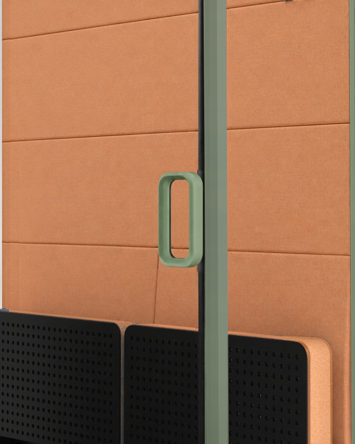 Calma For All door edge in close-up: the laminated glass meeting the frame, with the handle