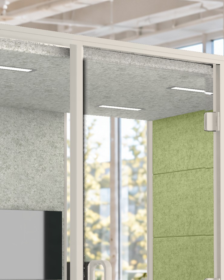 Calma Large ceiling light bar washing the felt walls, in close-up