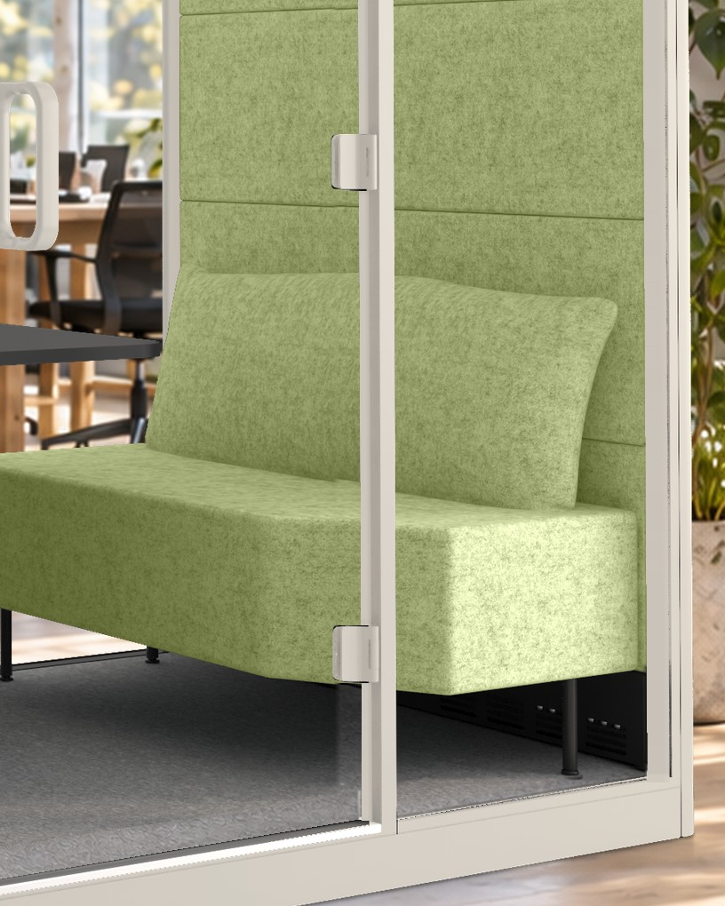 Calma Large interior corner in close-up: felt panel, seat and table edge