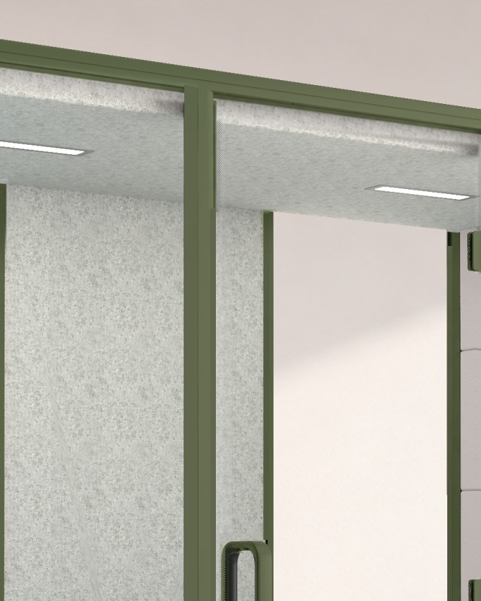 Calma Medium ceiling light bar washing the felt walls, in close-up