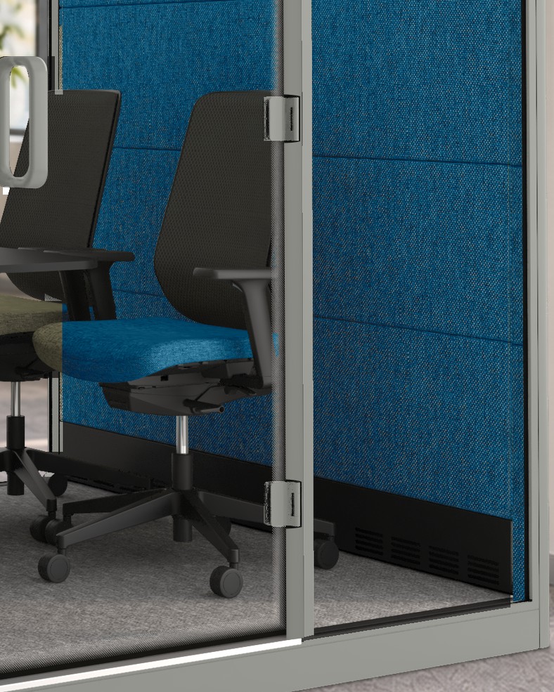 Calma XLarge interior corner in close-up: felt panel, seat and table edge