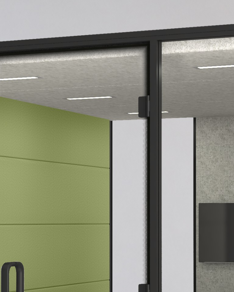 Calma XXLarge ceiling light bar washing the felt walls, in close-up