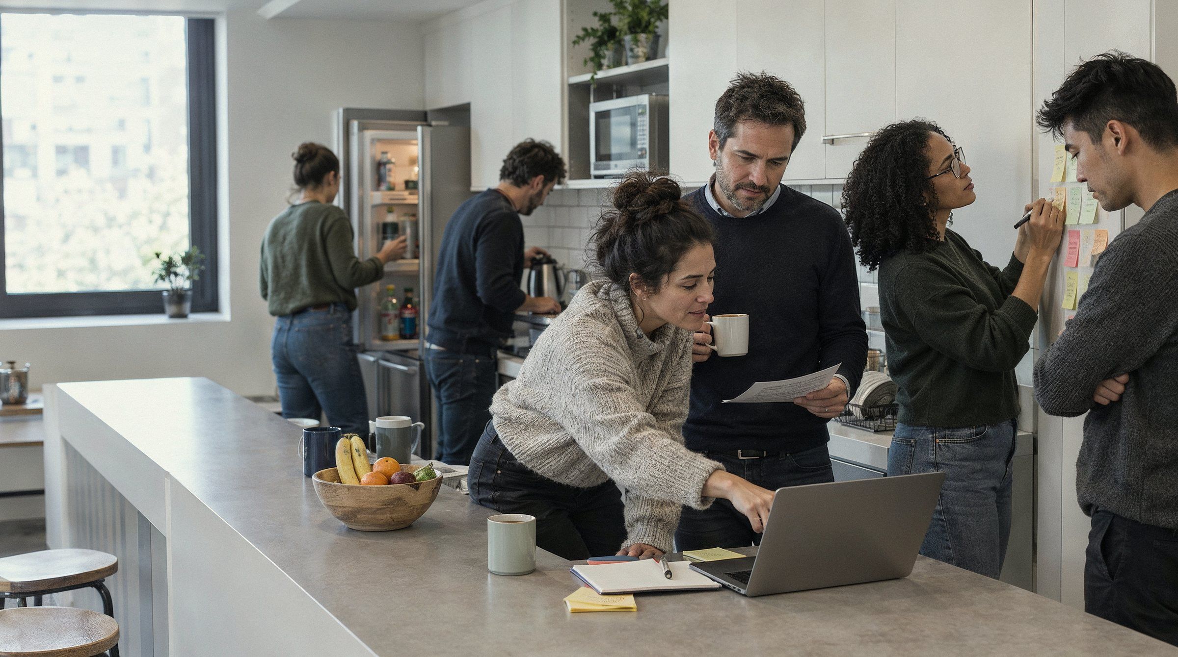 Four colleagues try to hold a sprint planning around the end of the office kitchen counter, a laptop and sticky notes between the mugs, while others reach past them for the kettle and the fridge