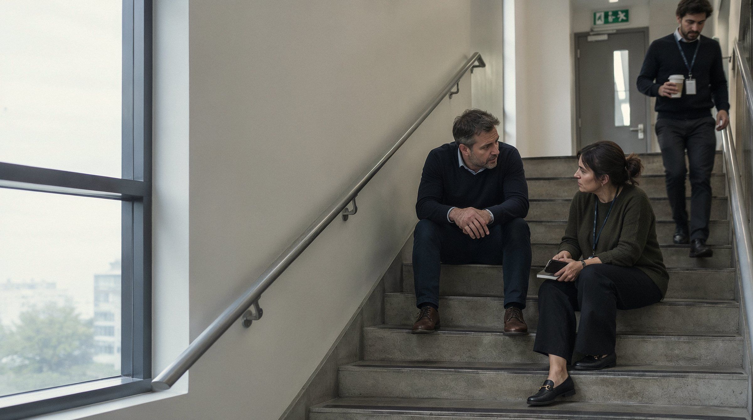 Two colleagues hold a difficult one-to-one sitting on the stairs of the office stairwell while a third walks down past them with a coffee
